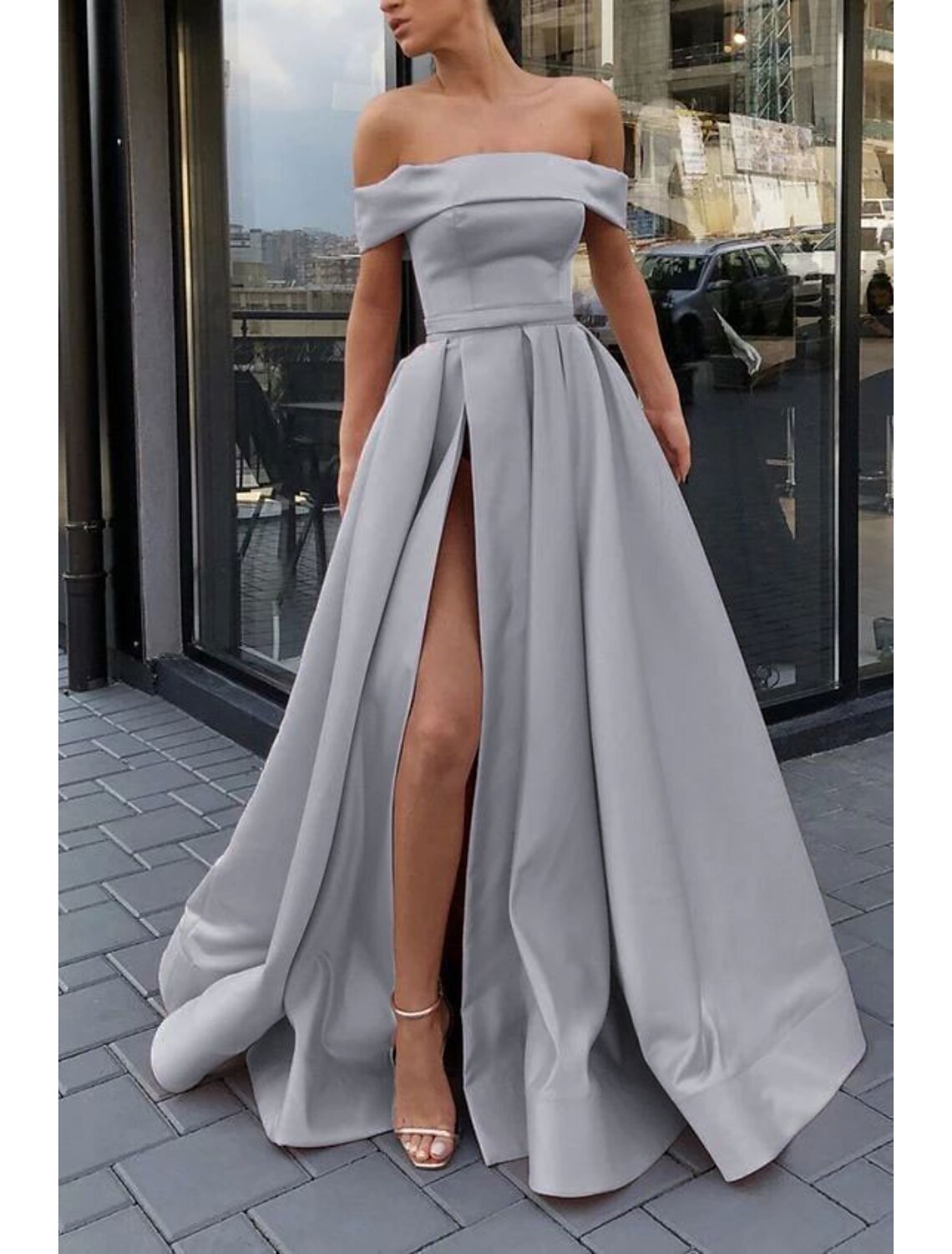 A-Line Off-Shoulder Satin Sleeveless High Slit Floor-Length Prom Dress - Chloe Dress