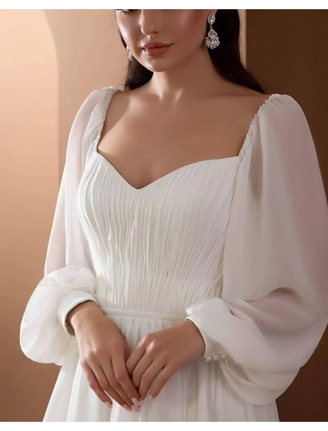 A-Line Off-Shoulder Chiffon Long Sleeve Pleated Wedding Gown - Chloe Dress