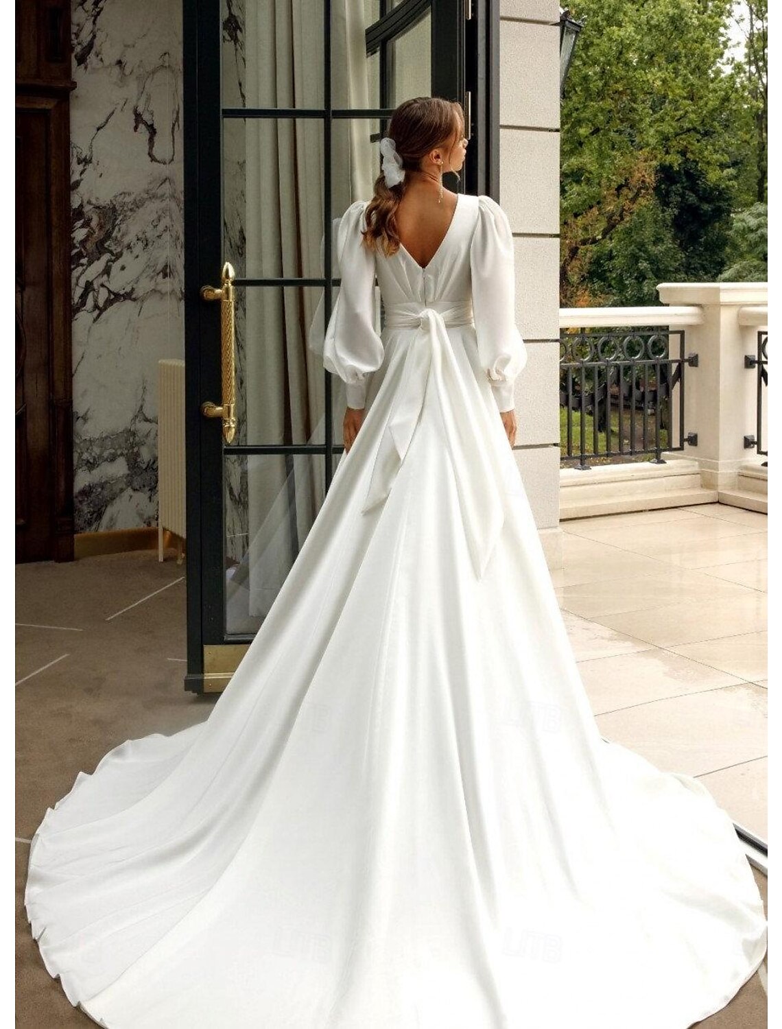 A-Line V-Neck Chiffon Long Sleeve Pleated Wedding Gown - Chloe Dress