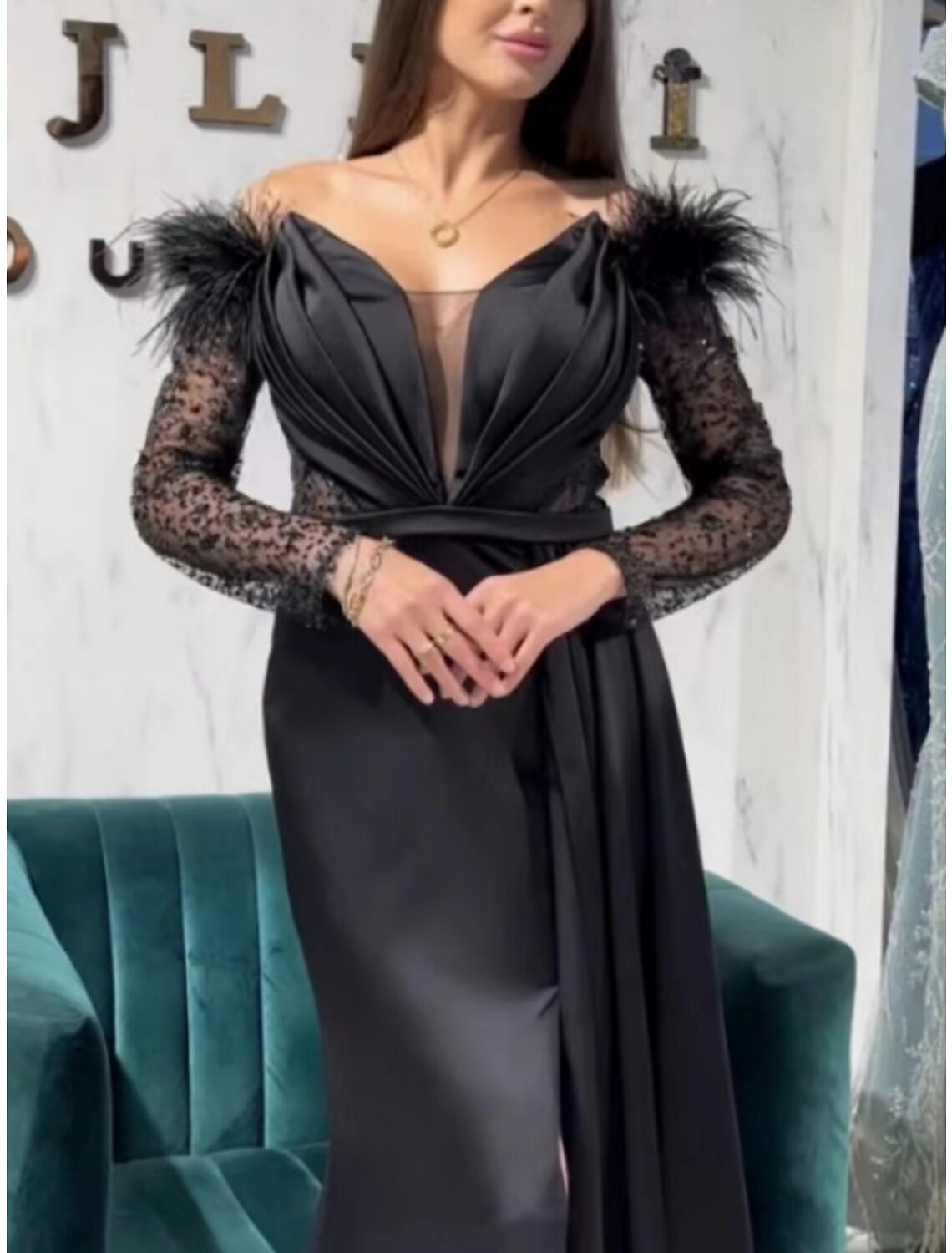Black A-Line Off-Shoulder Sequin Long Sleeve High Slit Evening Gown - Chloe Dress