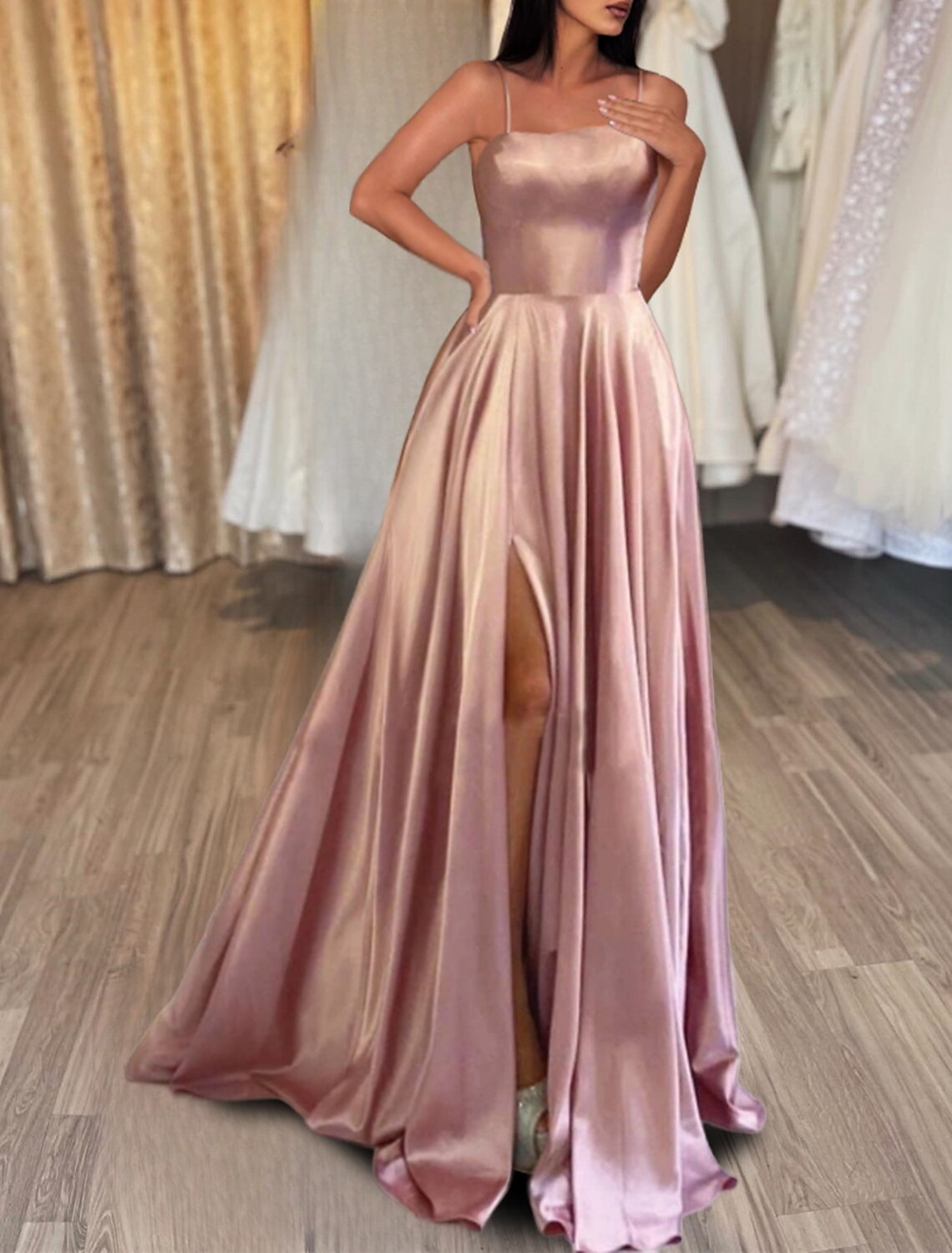 A-Line Spaghetti Strap Satin Sleeveless Backless High Slit Evening Gown - Chloe Dress