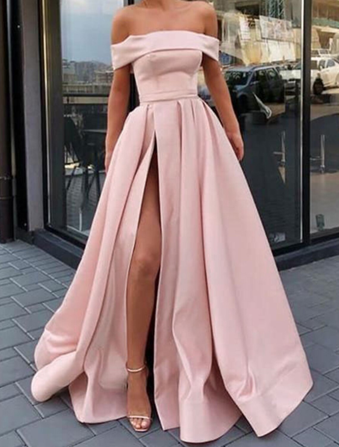A-Line Off-Shoulder Satin Sleeveless High Slit Floor-Length Prom Dress - Chloe Dress
