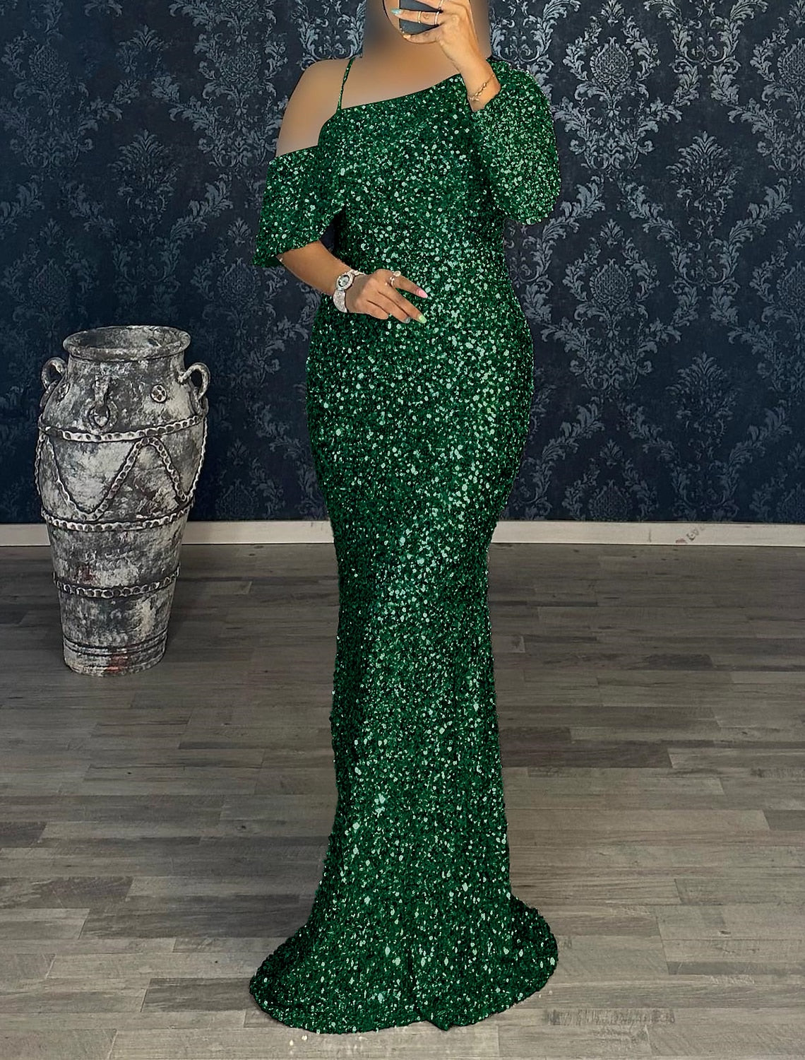 Green Mermaid One-Shoulder Sequin Long Sleeve Train Evening Gown - Chloe Dress