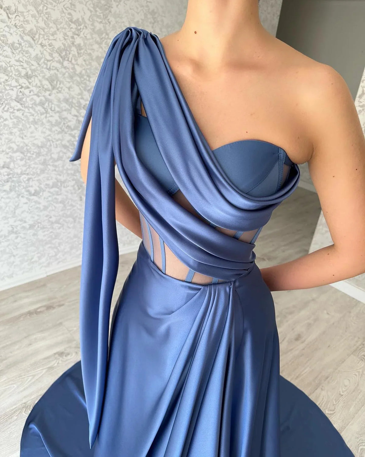 Blue A-Line One-Shoulder Sleeveless Evening Dress - Chloe Dress