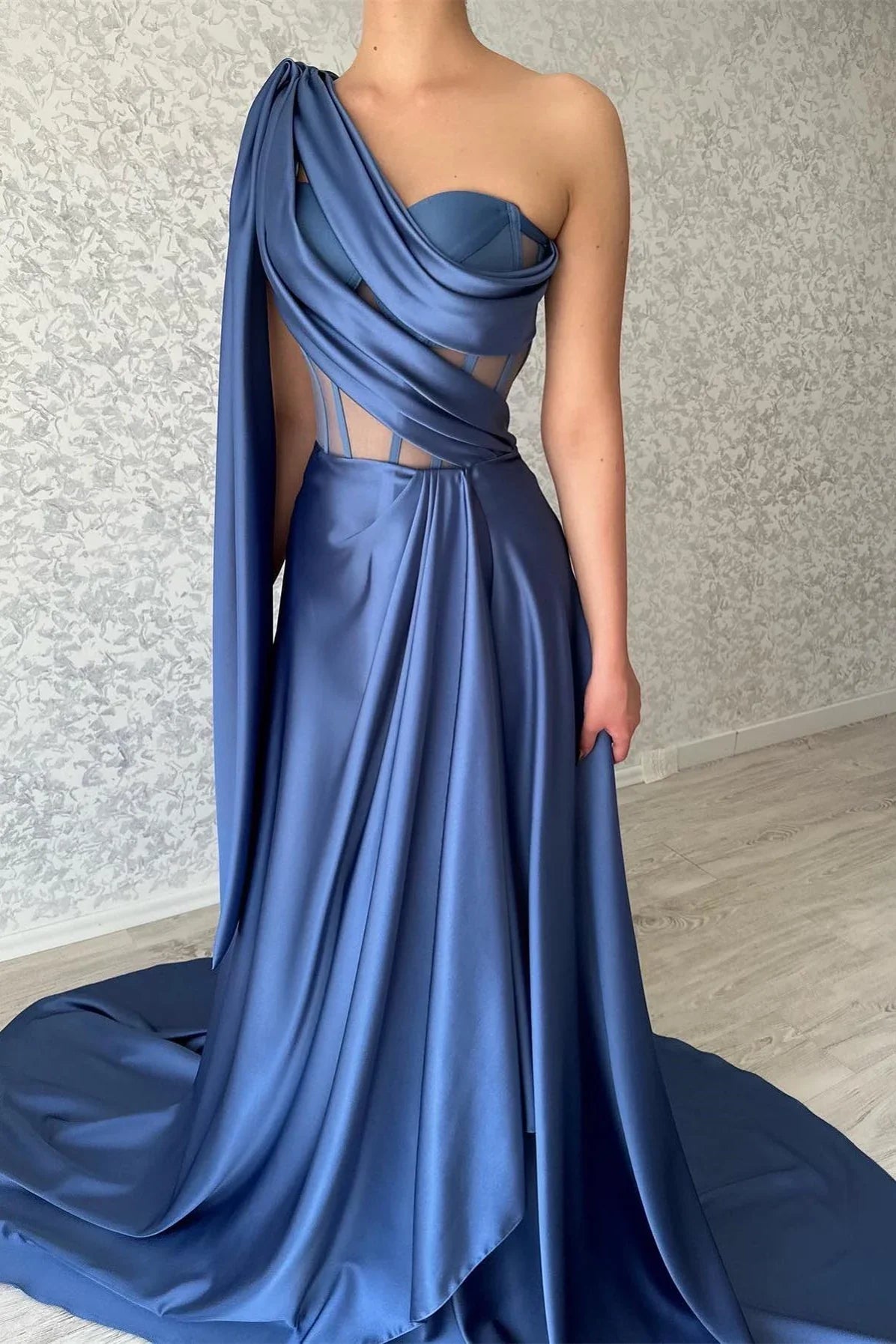 Blue A-Line One-Shoulder Sleeveless Evening Dress - Chloe Dress