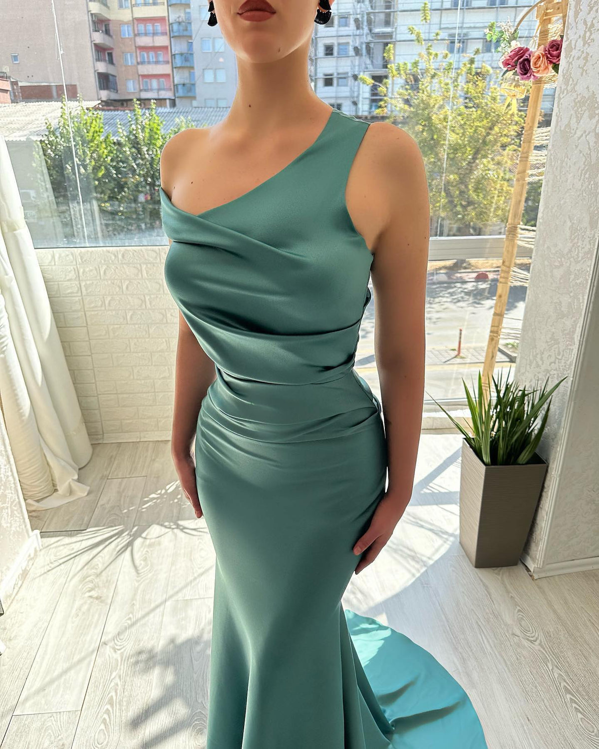 Green Satin Sleeveless Evening Dress - Chloe Dress
