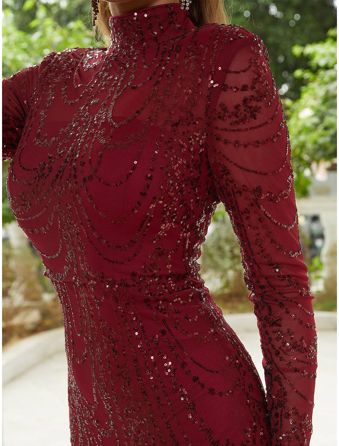 Sheath High Neck Sequin Long Sleeve High Slit Evening Gown - Chloe Dress