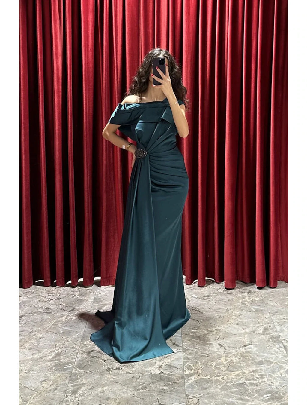 A-Line One-Shoulder Satin Short Sleeve High Slit Mini Evening Gown - Chloe Dress