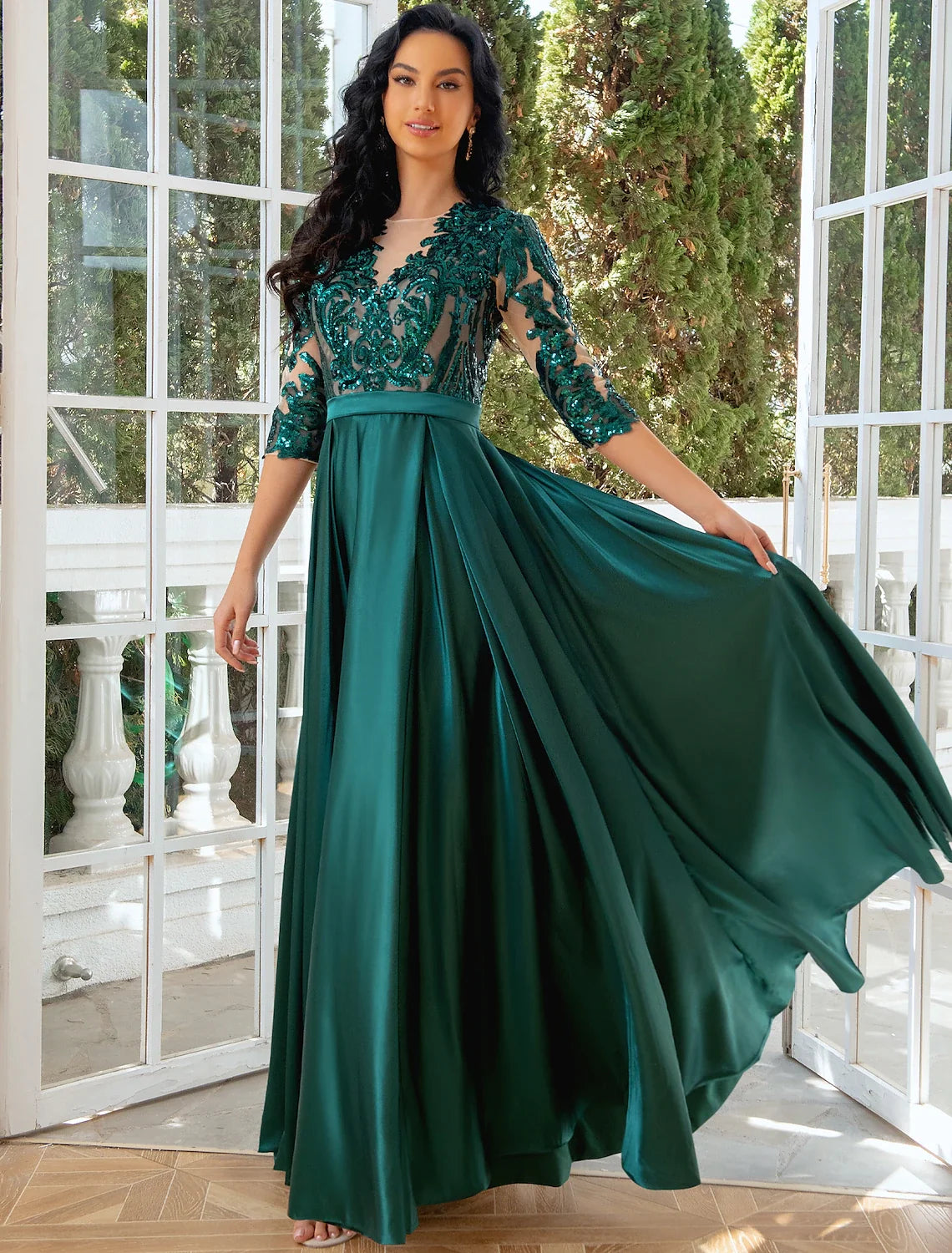 A-Line Illusion Satin High Slit Floor-Length Evening Gown - Chloe Dress