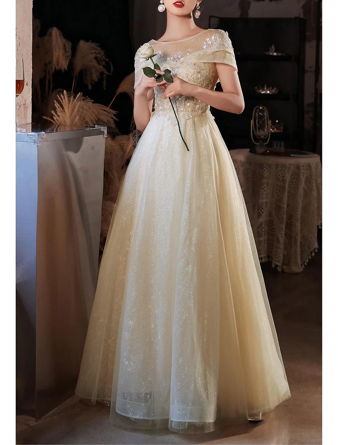 A-Line Lace Short Sleeve Applique Floor-Length Evening Dress - Chloe Dress