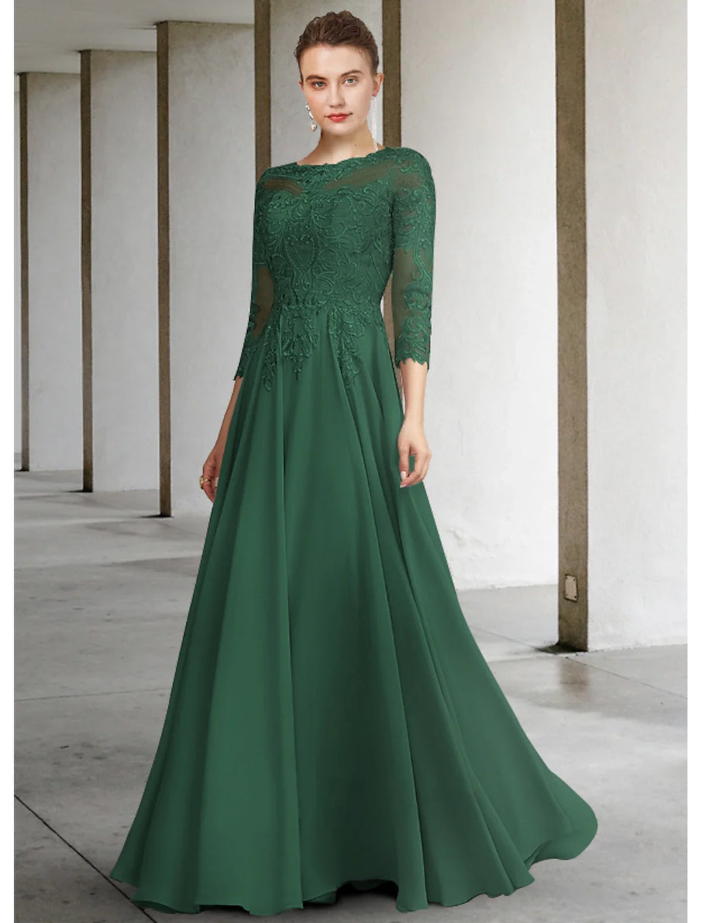 A-Line Chiffon Three-Quarter Sleeve Pleated Floor-Length Dress - Chloe Dress