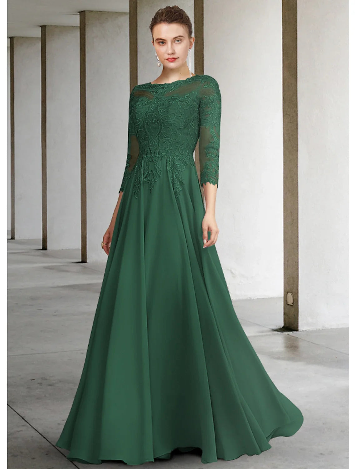 A-Line Chiffon Three-Quarter Sleeve Pleated Floor-Length Dress - Chloe Dress