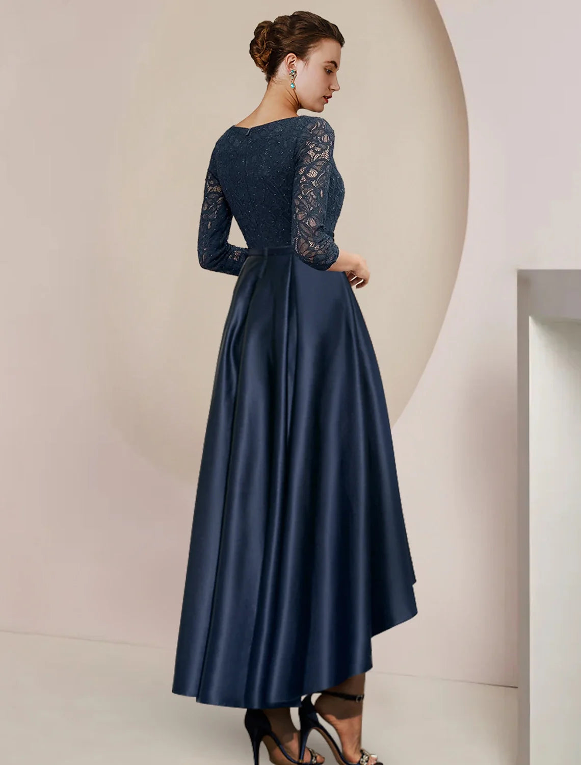 A-Line High Neck Satin Three-Quarter Sleeve Pleated Tea-Length Wedding Dress - Chloe Dress