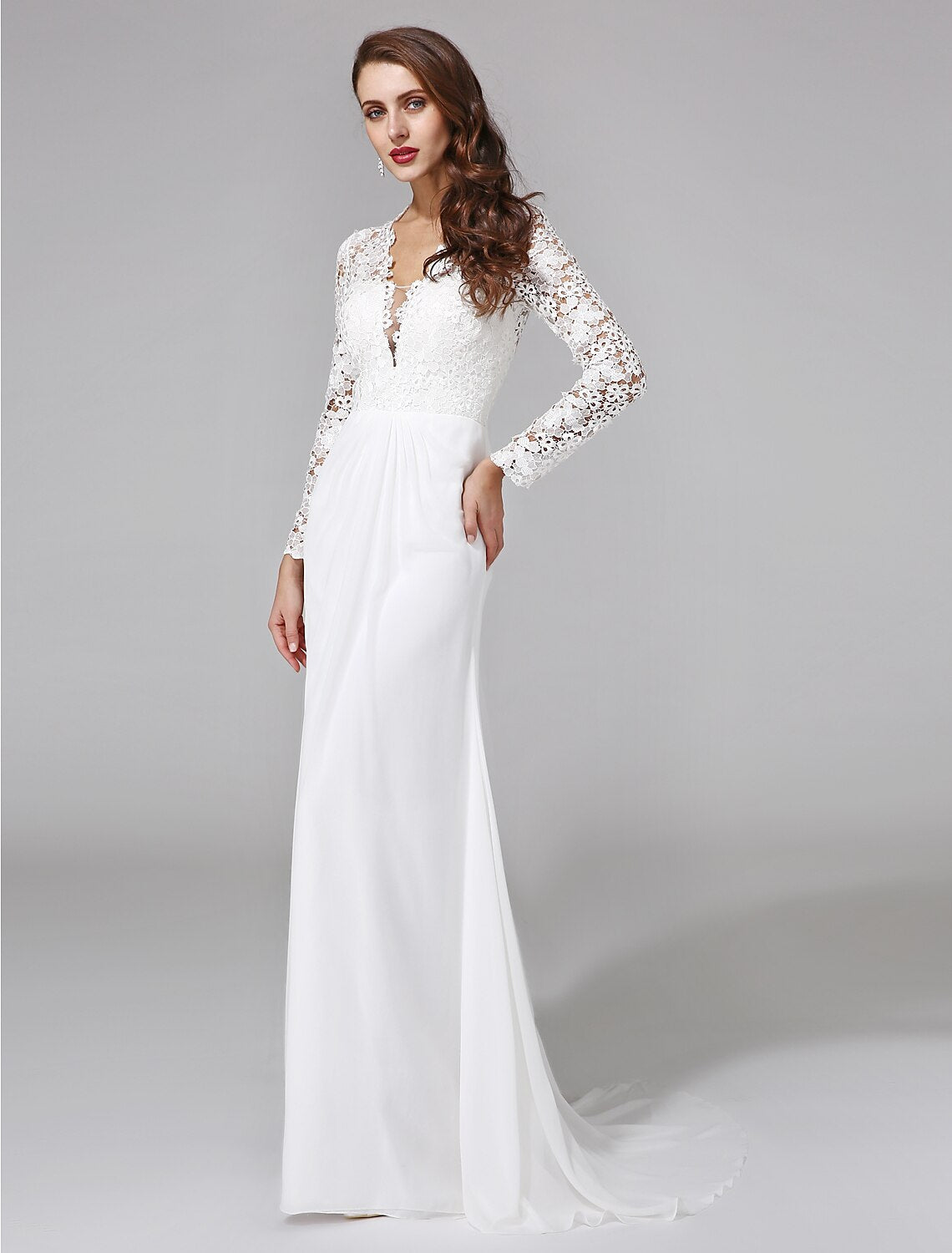 Sheath Illusion Chiffon Long Sleeve Button Back Train Wedding Gown - Chloe Dress