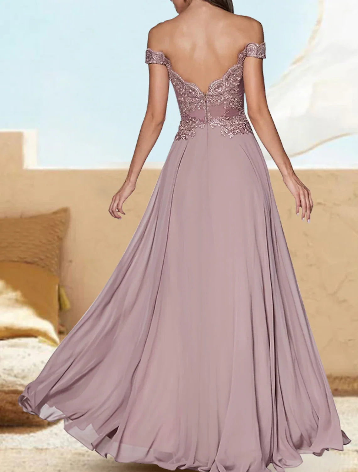 A-Line Off-Shoulder Chiffon Short Sleeve Applique Floor-Length Evening Gown - Chloe Dress