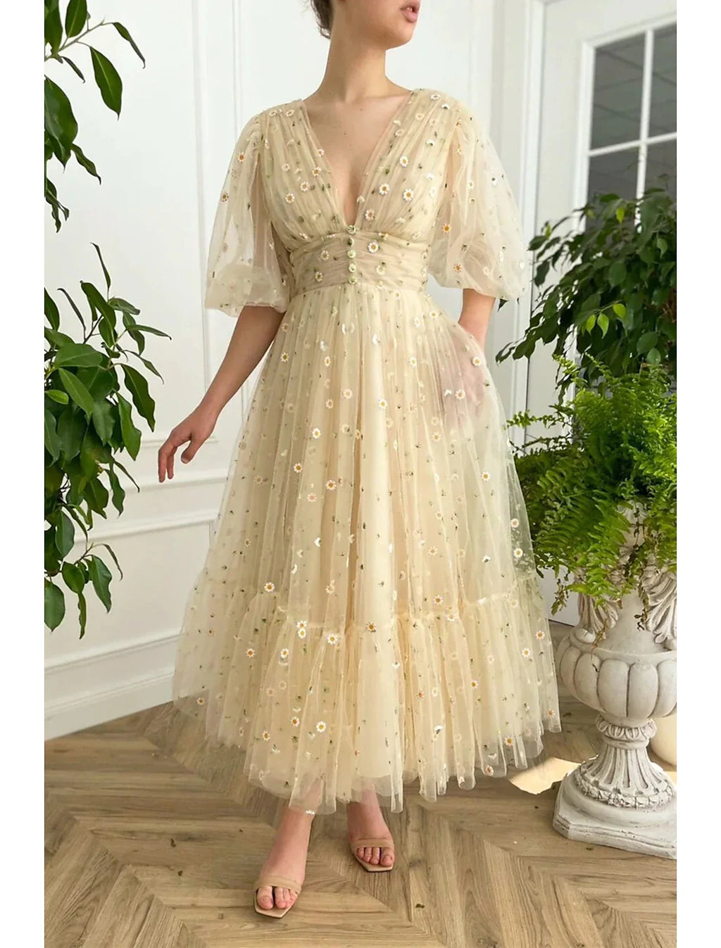 A-Line V-Neck Lace Pleated Ankle-Length Prom Dress - Chloe Dress