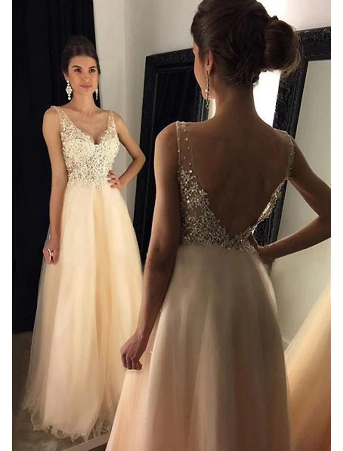 A-Line V-Neck Tulle Sleeveless Applique Floor-Length Prom Dress - Chloe Dress