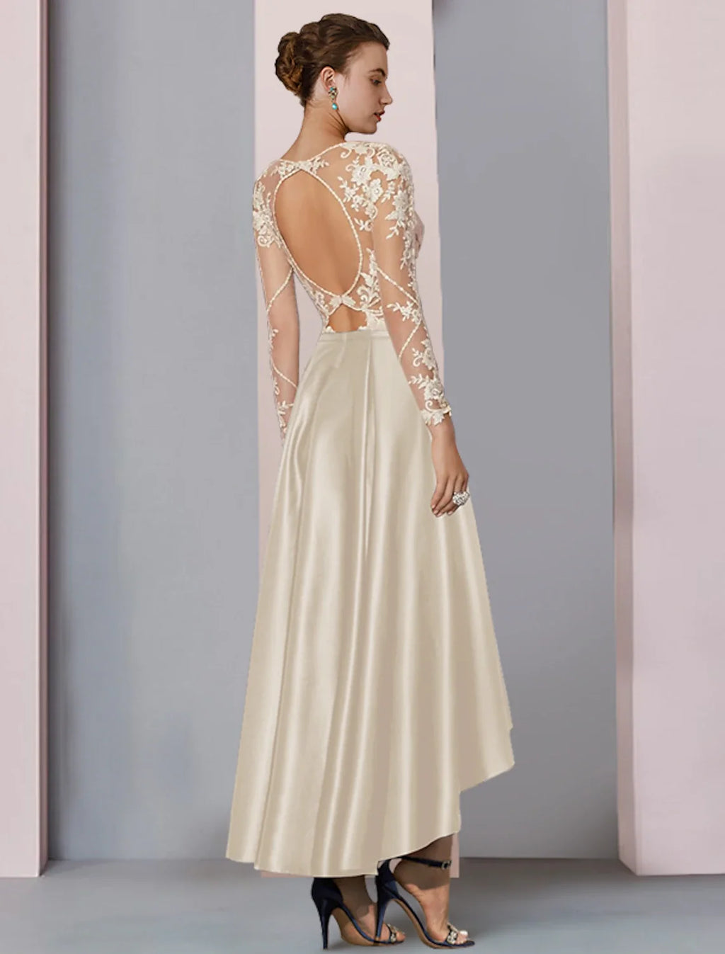 A-Line High Neck Satin Long Sleeve Pleated Tea-Length Wedding Dress - Chloe Dress