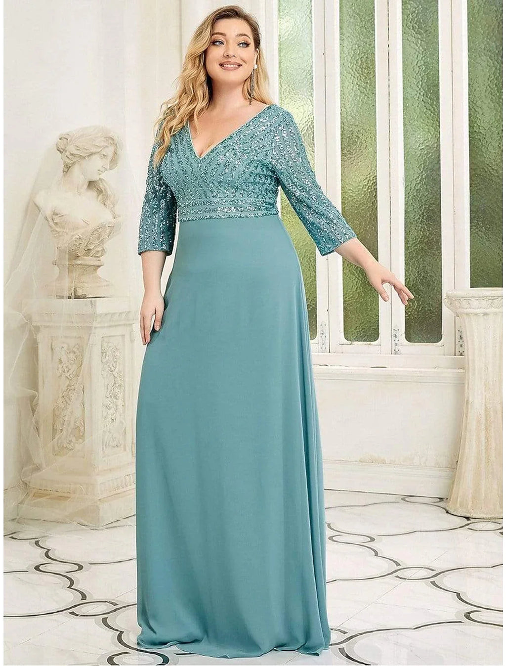 Black A-Line V-Neck Chiffon Three-Quarter Sleeve Floor-Length Evening Gown - Chloe Dress