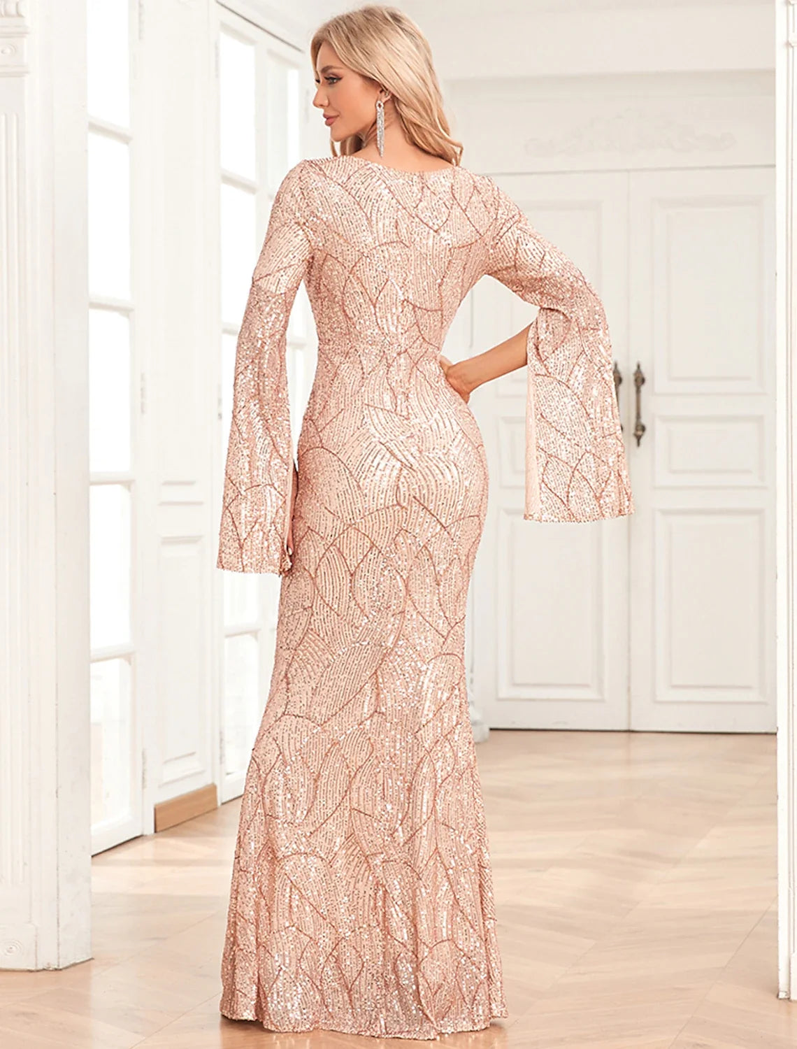 Mermaid V-Neck Sequin Long Sleeve Floor-Length Evening Gown - Chloe Dress