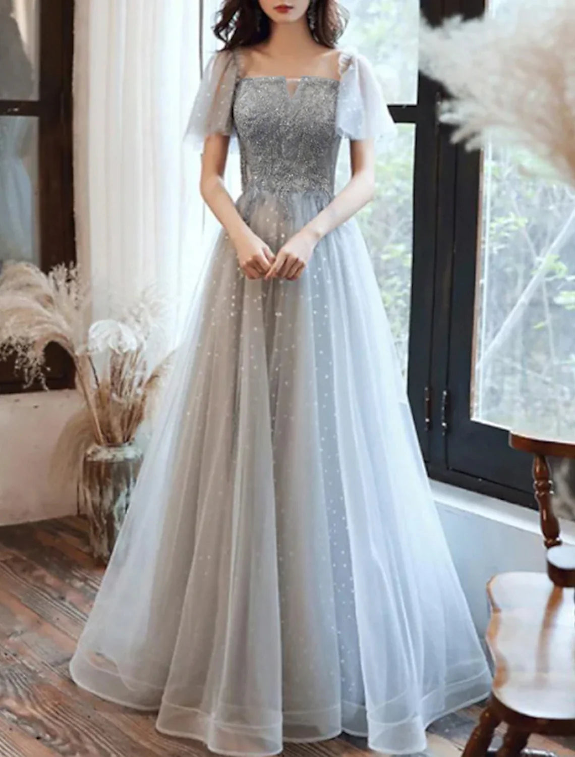 A-Line Tulle Short Sleeve Pleated Floor-Length Evening Dress - Chloe Dress