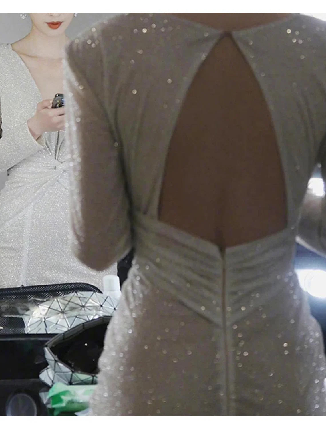 Sheath V-Neck Sequin Long Sleeve High Slit Tea-Length Wedding Dress - Chloe Dress