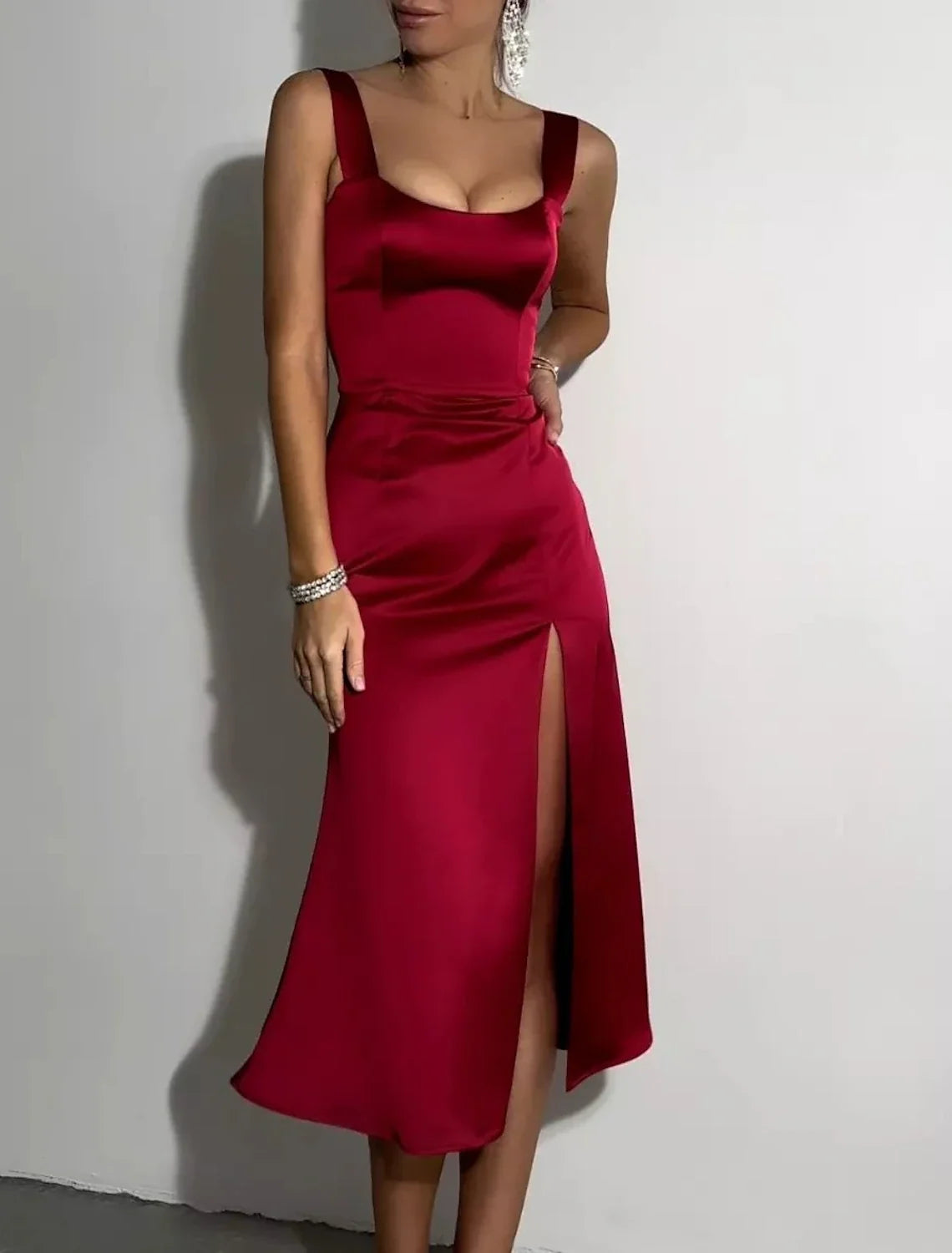 Sheath Satin Short Sleeve High Slit Mini Wedding Dress - Chloe Dress