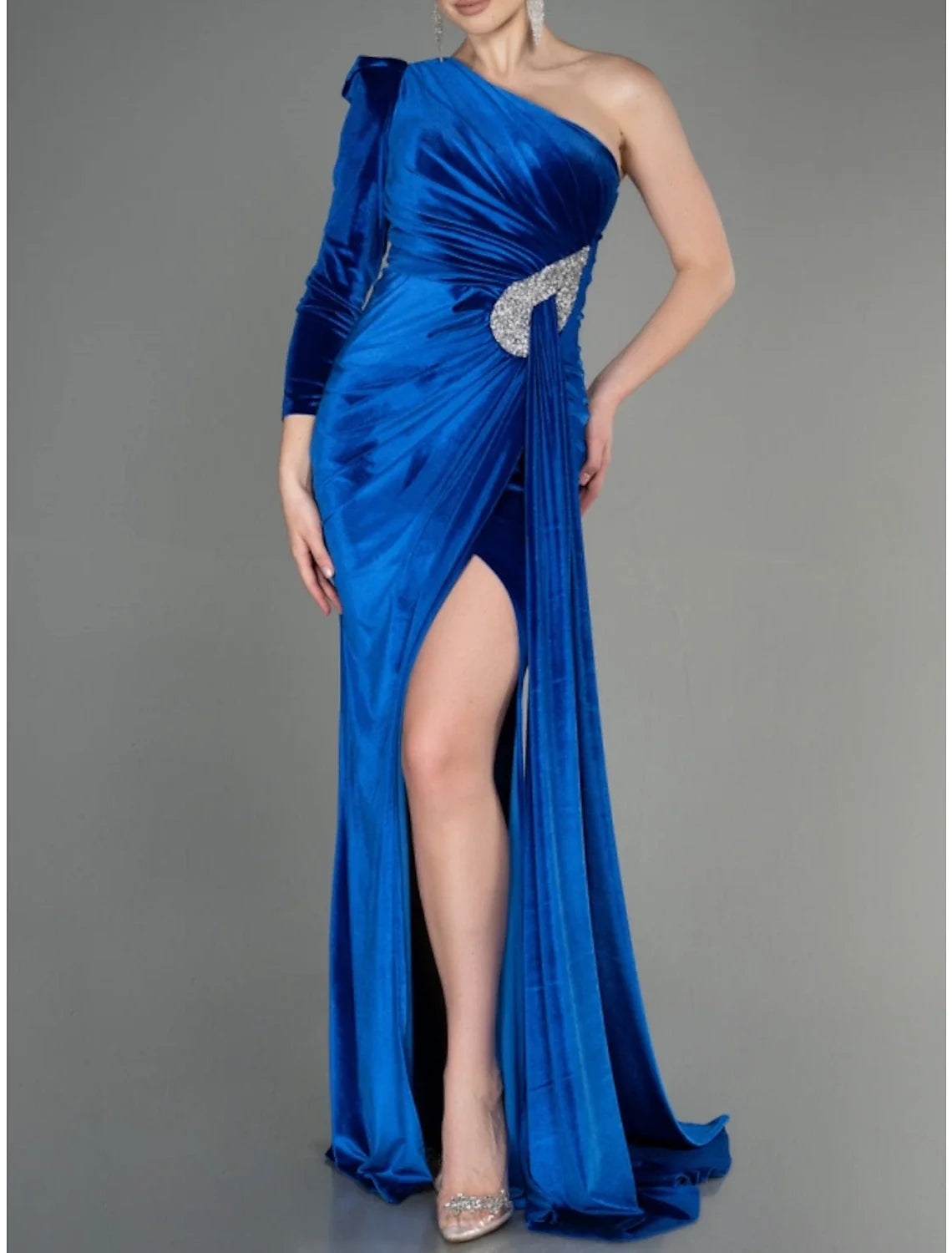 A-Line One-Shoulder Velvet Long Sleeve Pleated Evening Gown - Chloe Dress