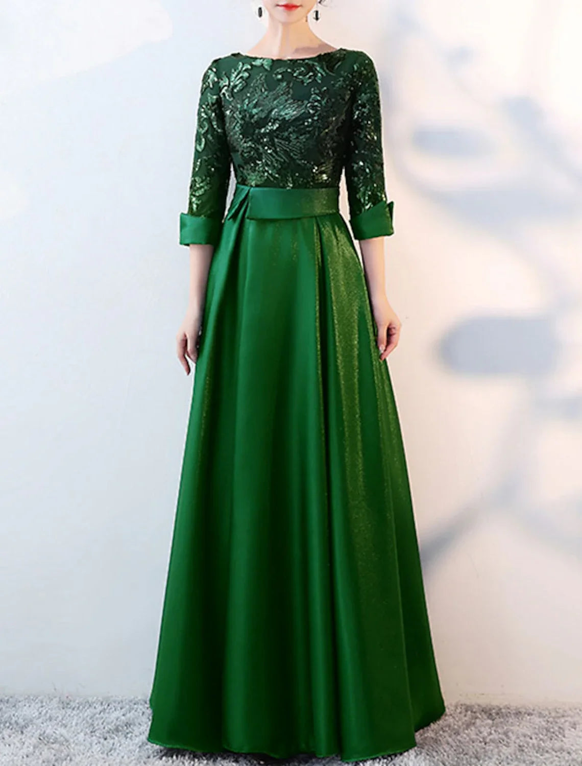 A-Line Satin Three-Quarter Sleeve Floor-Length Evening Dress - Chloe Dress