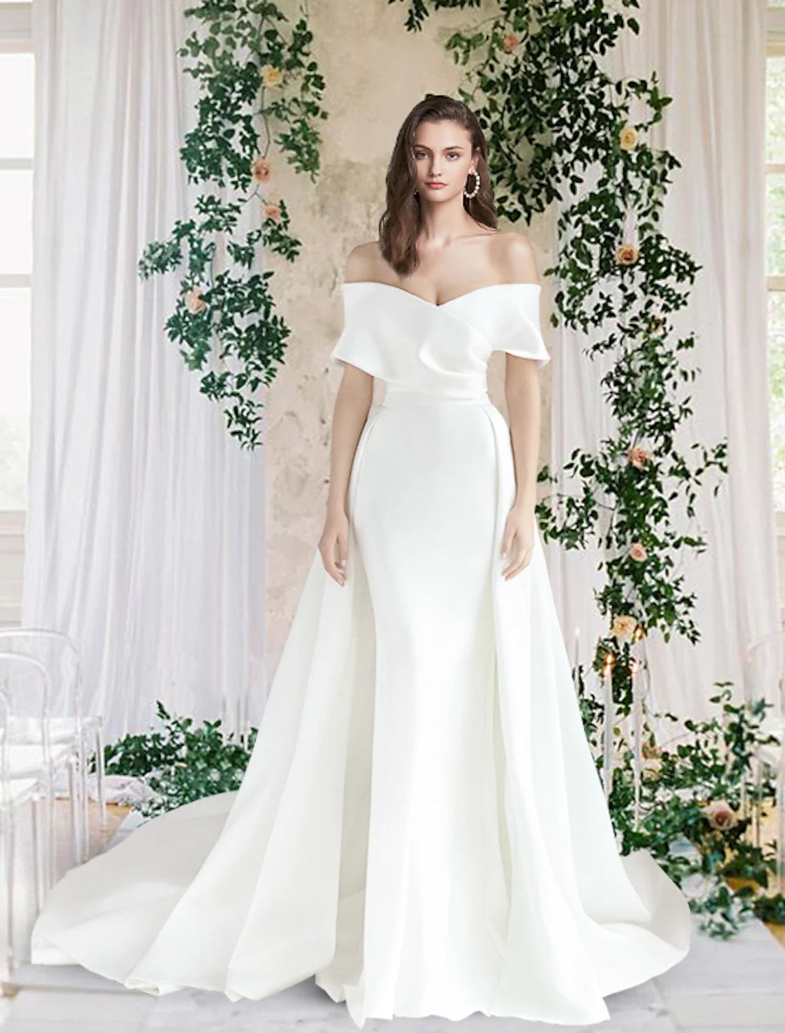Sheath Off-Shoulder Satin Cap Sleeve Train Wedding Gown - Chloe Dress