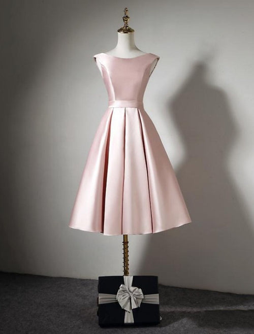 A-Line Off-Shoulder Satin Sleeveless Pleated Tea-Length Wedding Dress - Chloe Dress