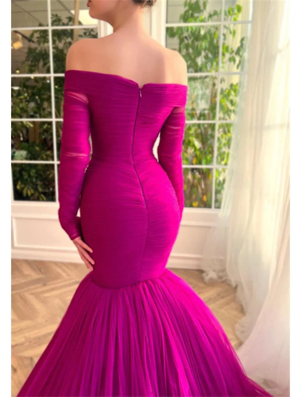 Green Mermaid Off-Shoulder Tulle Long Sleeve Train Evening Gown - Chloe Dress