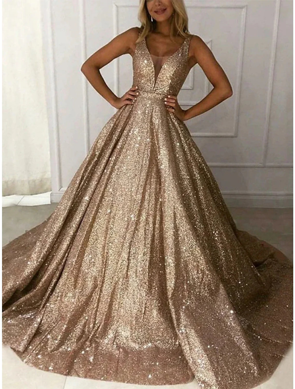 Green A-Line V-Neck Sequin Sleeveless Pleated Prom Dress - Chloe Dress