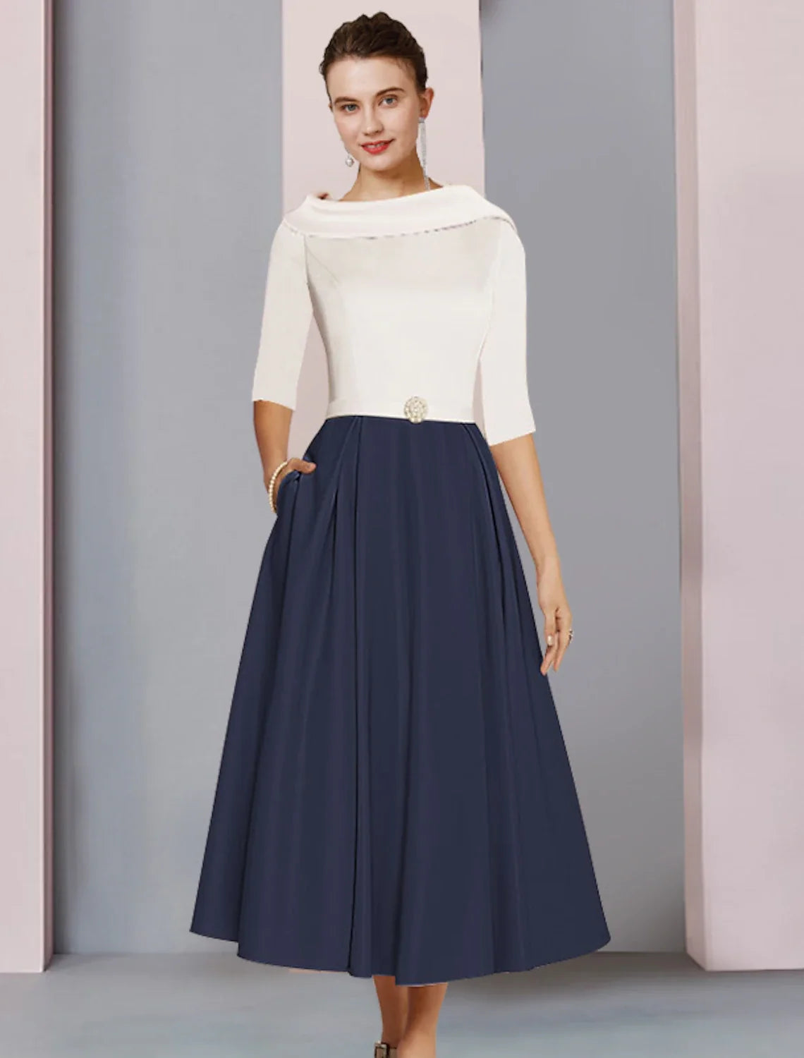 A-Line Satin Pleated Tea-Length Wedding Dress - Chloe Dress