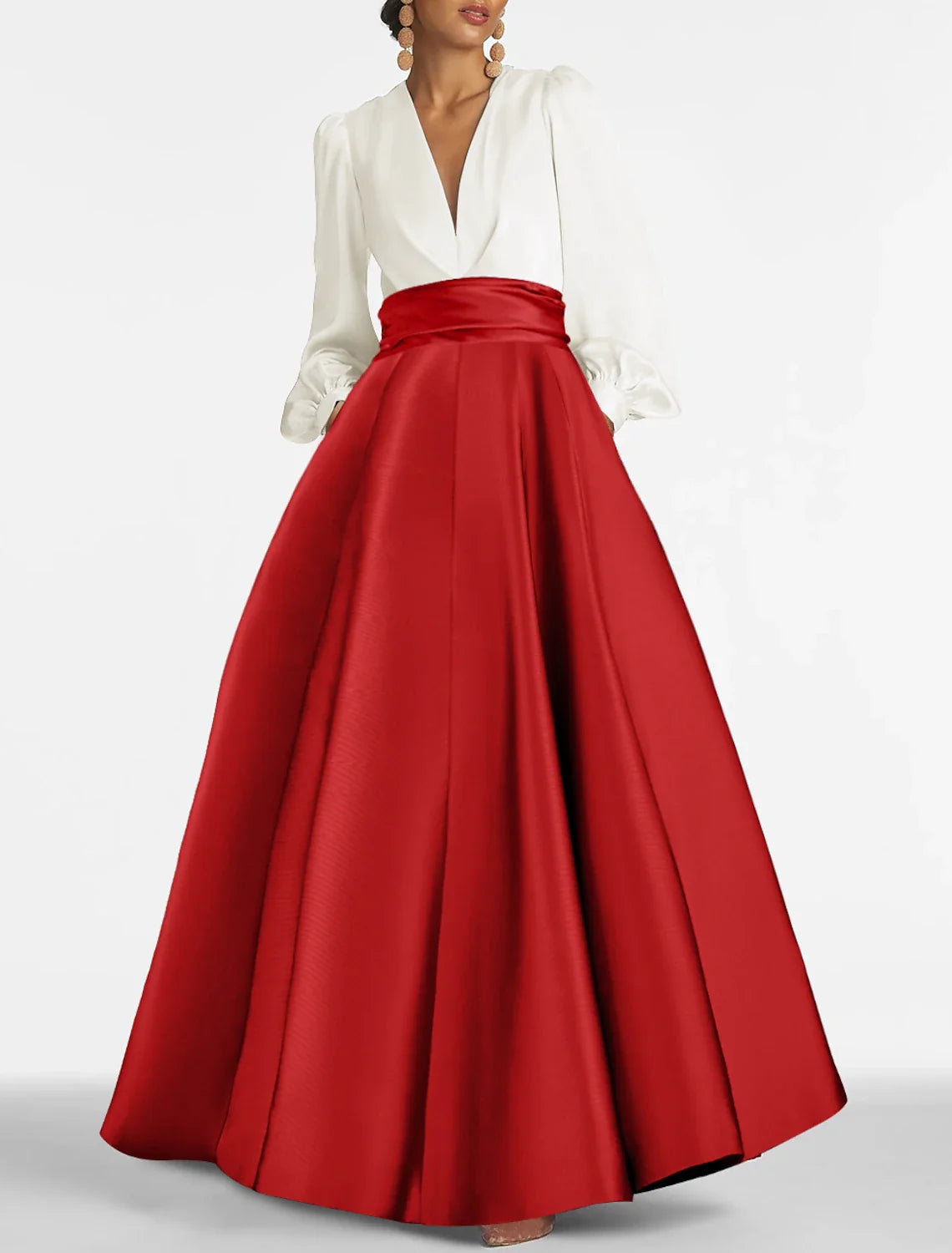 A-Line V-Neck Satin Long Sleeve Floor-Length Evening Gown - Chloe Dress