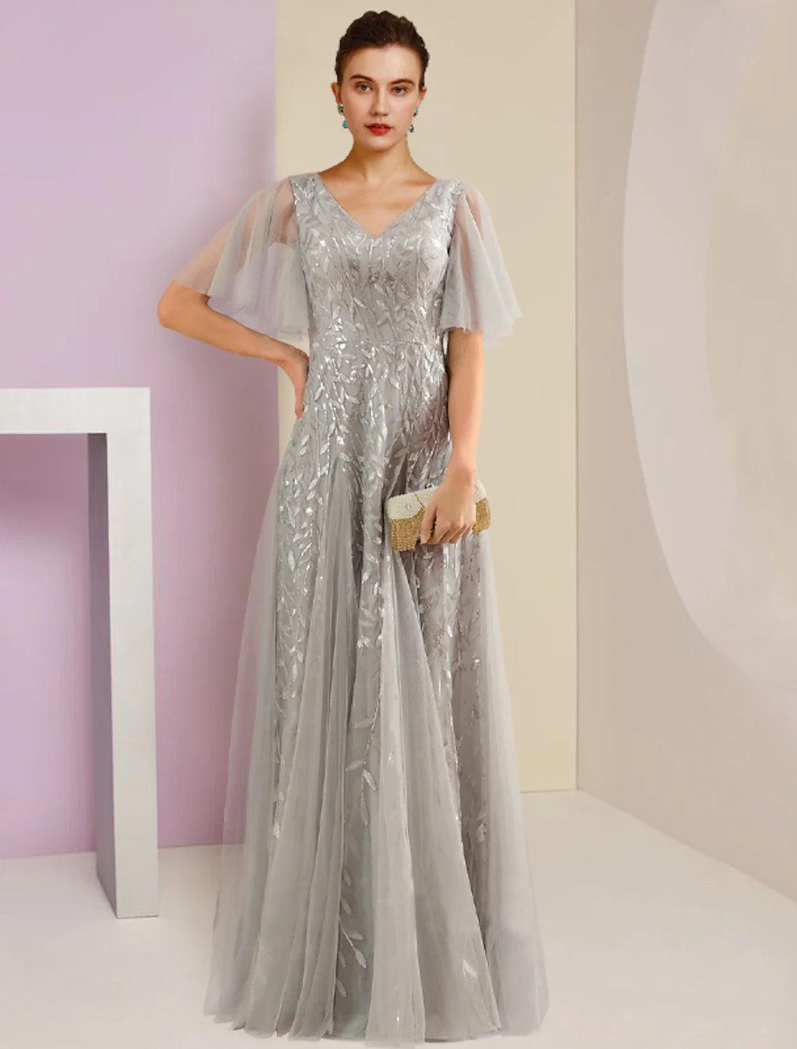 Sheath V-Neck Tulle Short Sleeve Pleated Floor-Length Party Dress - Chloe Dress