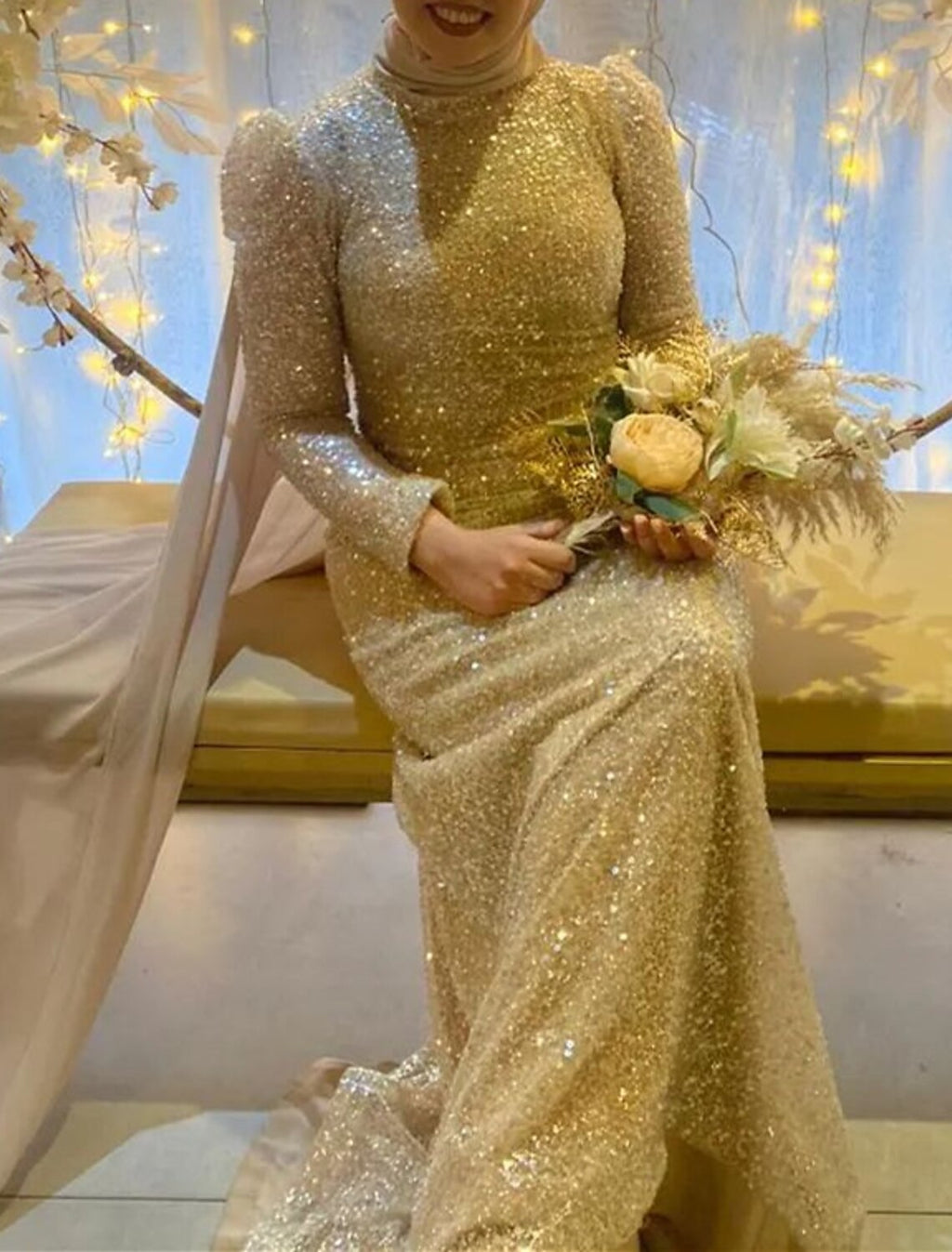 Mermaid High Neck Satin Long Sleeve Train Evening Gown - Chloe Dress