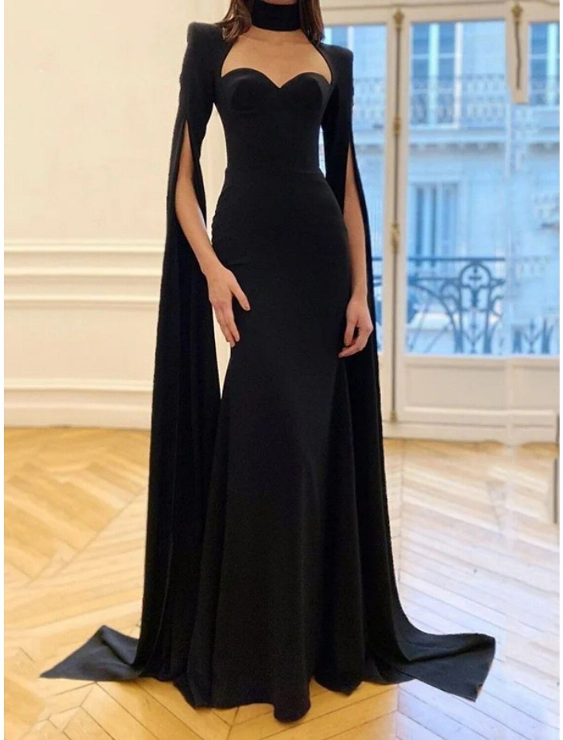 Black A-Line Sweetheart Long Sleeve Pleated Evening Gown - Chloe Dress