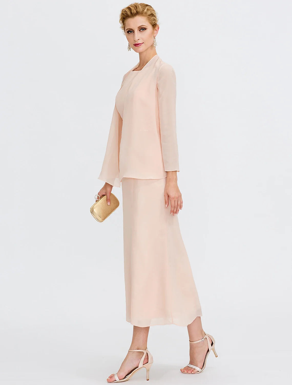 Sheath Chiffon Long Sleeve Pleated Tea-Length Wedding Dress - Chloe Dress