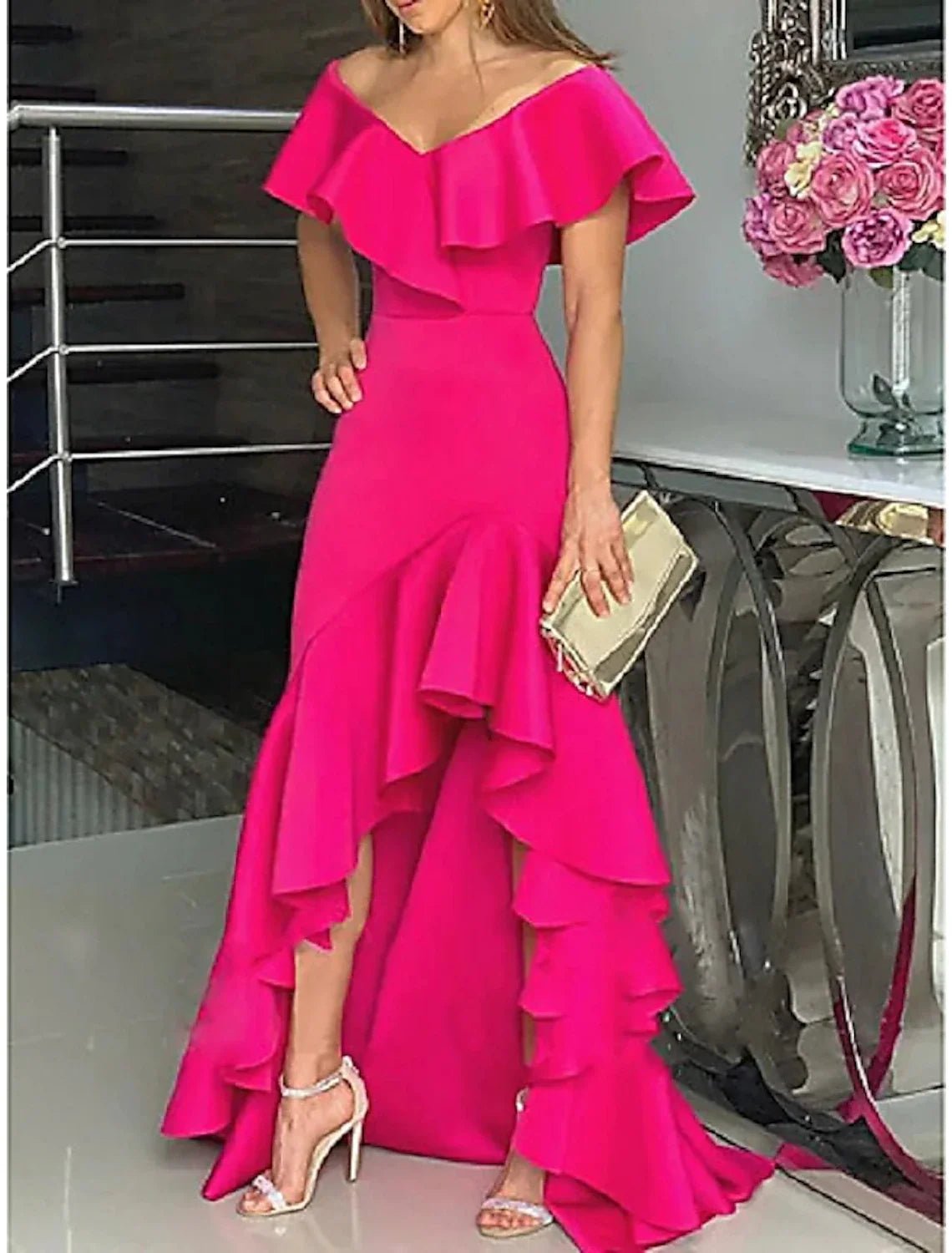 A-Line V-Neck Satin Sleeveless High Slit Mini Wedding Dress - Chloe Dress