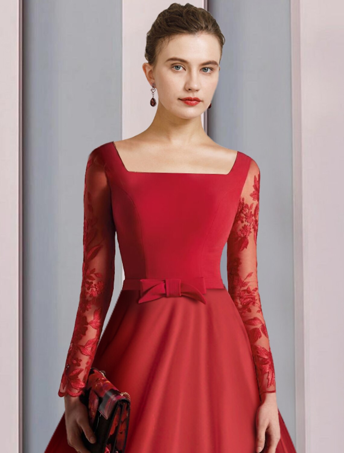 A-Line Square Neck Satin Long Sleeve Applique Tea-Length Wedding Dress - Chloe Dress