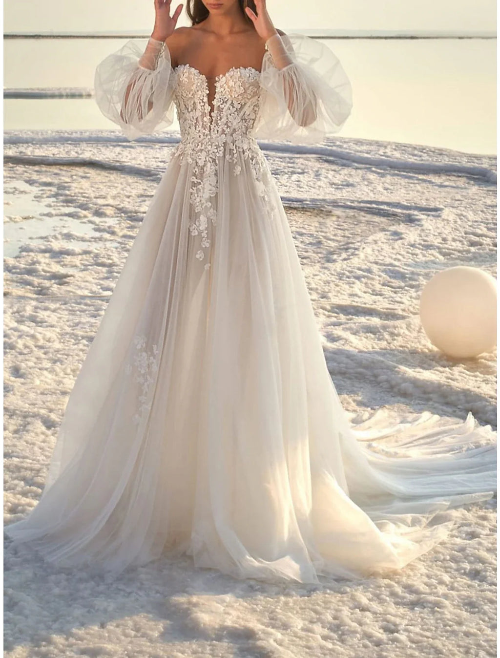 A-Line Off-Shoulder Lace Long Sleeve Train Wedding Gown - Chloe Dress