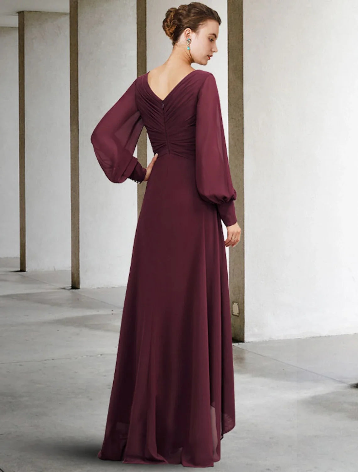 A-Line V-Neck Chiffon Long Sleeve Pleated Floor-Length Dress - Chloe Dress