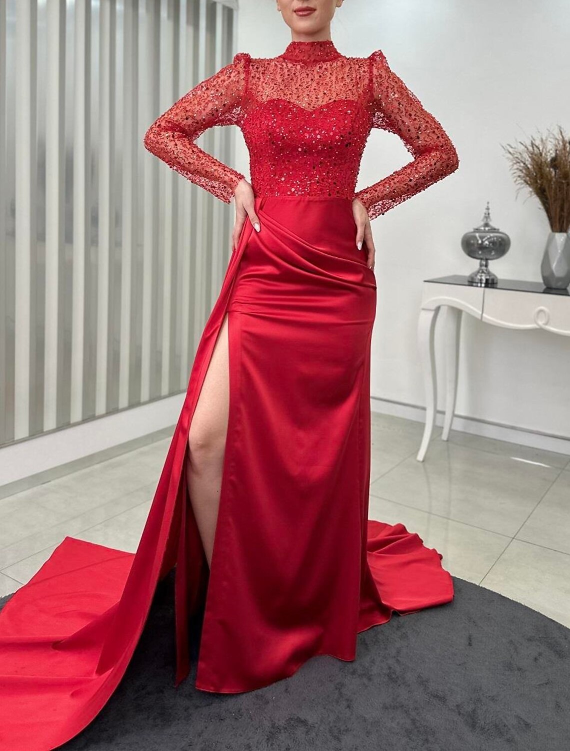 Mermaid High Neck Satin Long Sleeve High Slit Evening Gown - Chloe Dress