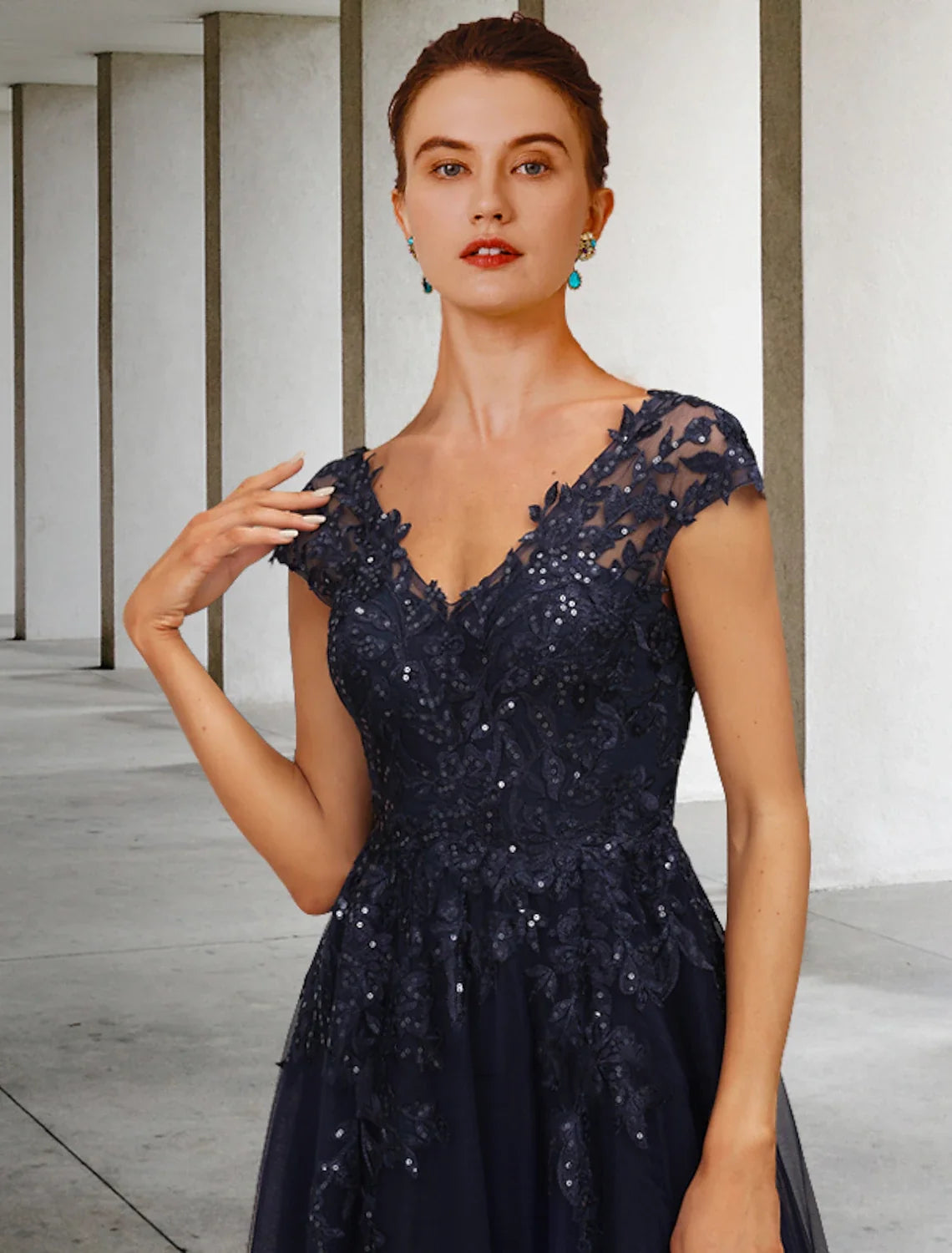 A-Line V-Neck Tulle Cap Sleeve Applique Floor-Length Dress - Chloe Dress
