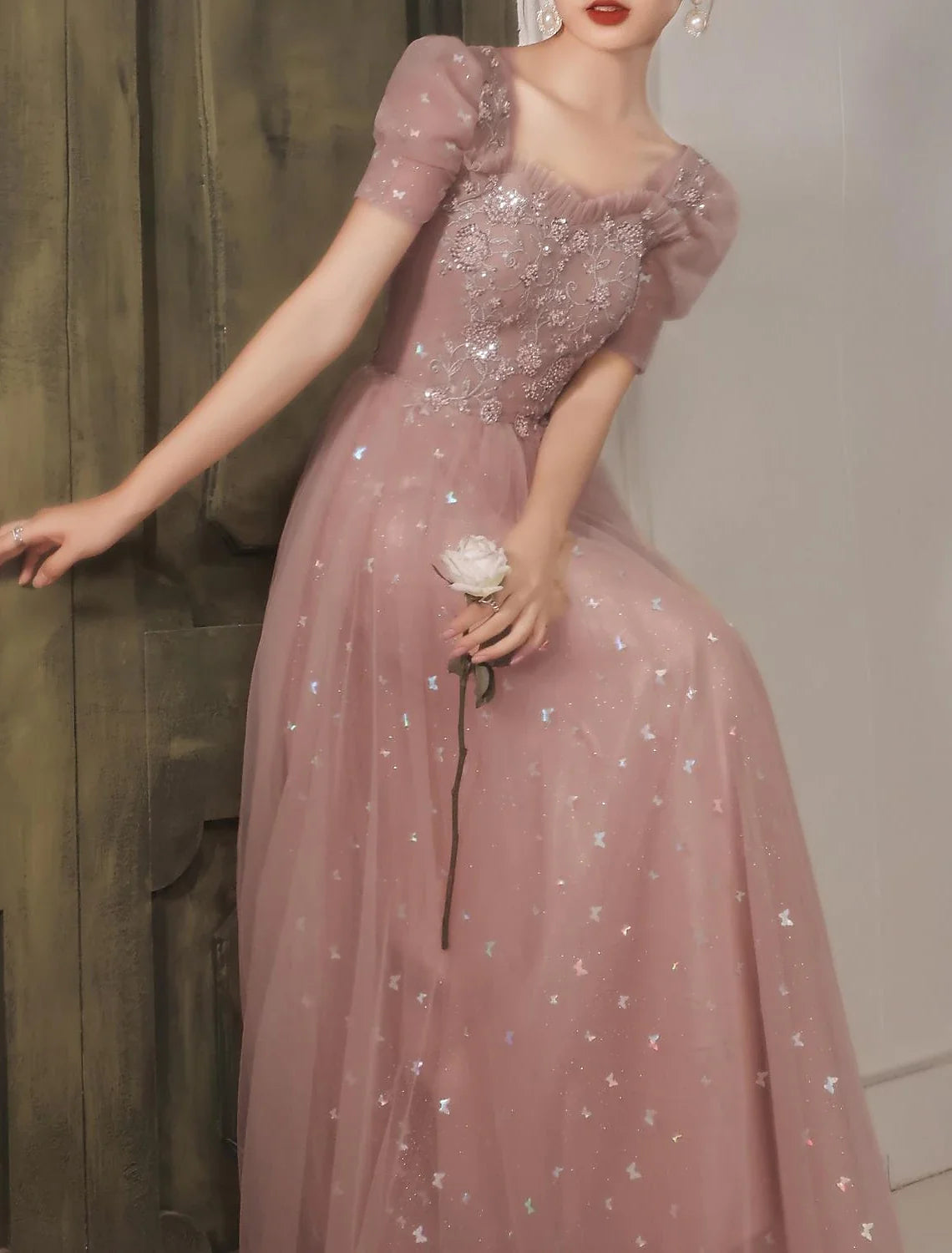 A-Line Sweetheart Satin Short Sleeve Applique Floor-Length Prom Dress - Chloe Dress