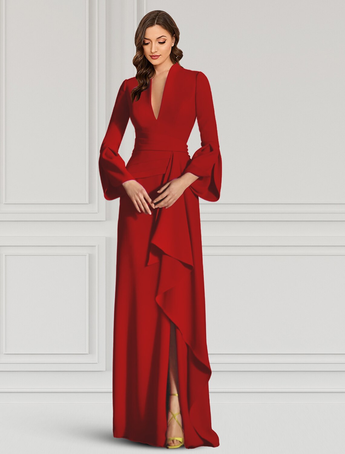 Black V-Neck Long Sleeve Ruffled Floor-Length Evening Gown - Chloe Dress