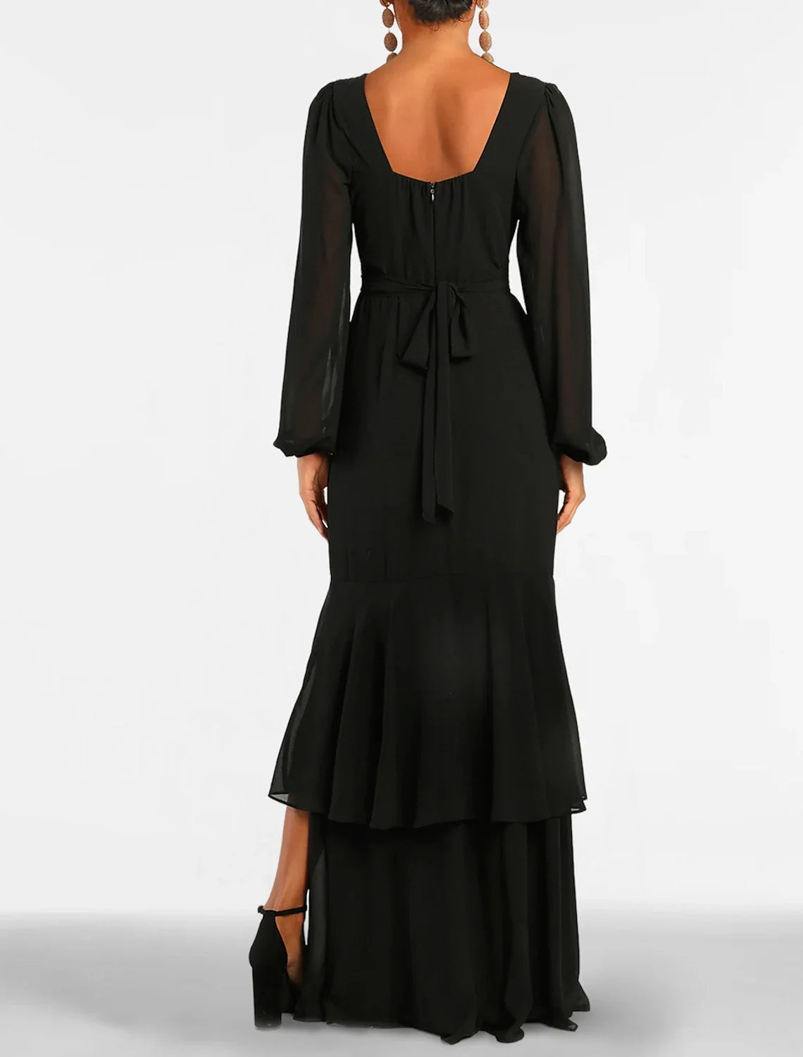Black Mermaid V-Neck Chiffon Long Sleeve High Slit Floor-Length Evening Gown - Chloe Dress