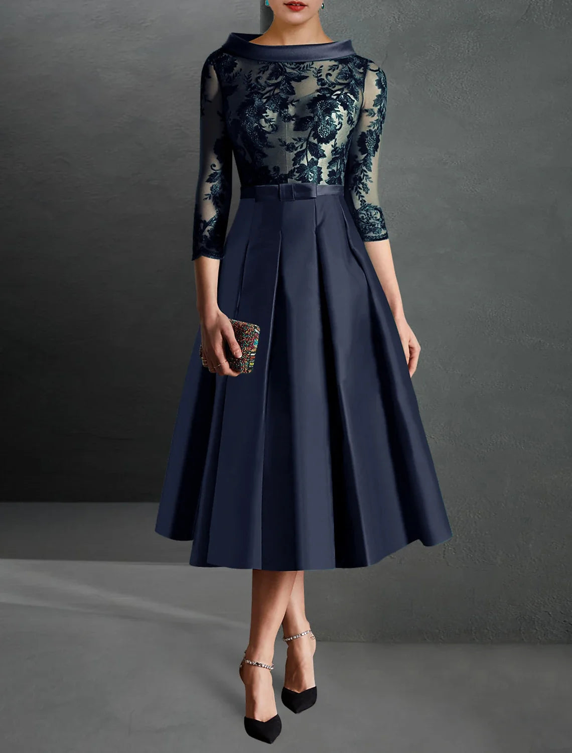 Green A-Line Satin Three-Quarter Sleeve Pleated Tea-Length Wedding Dress - Chloe Dress