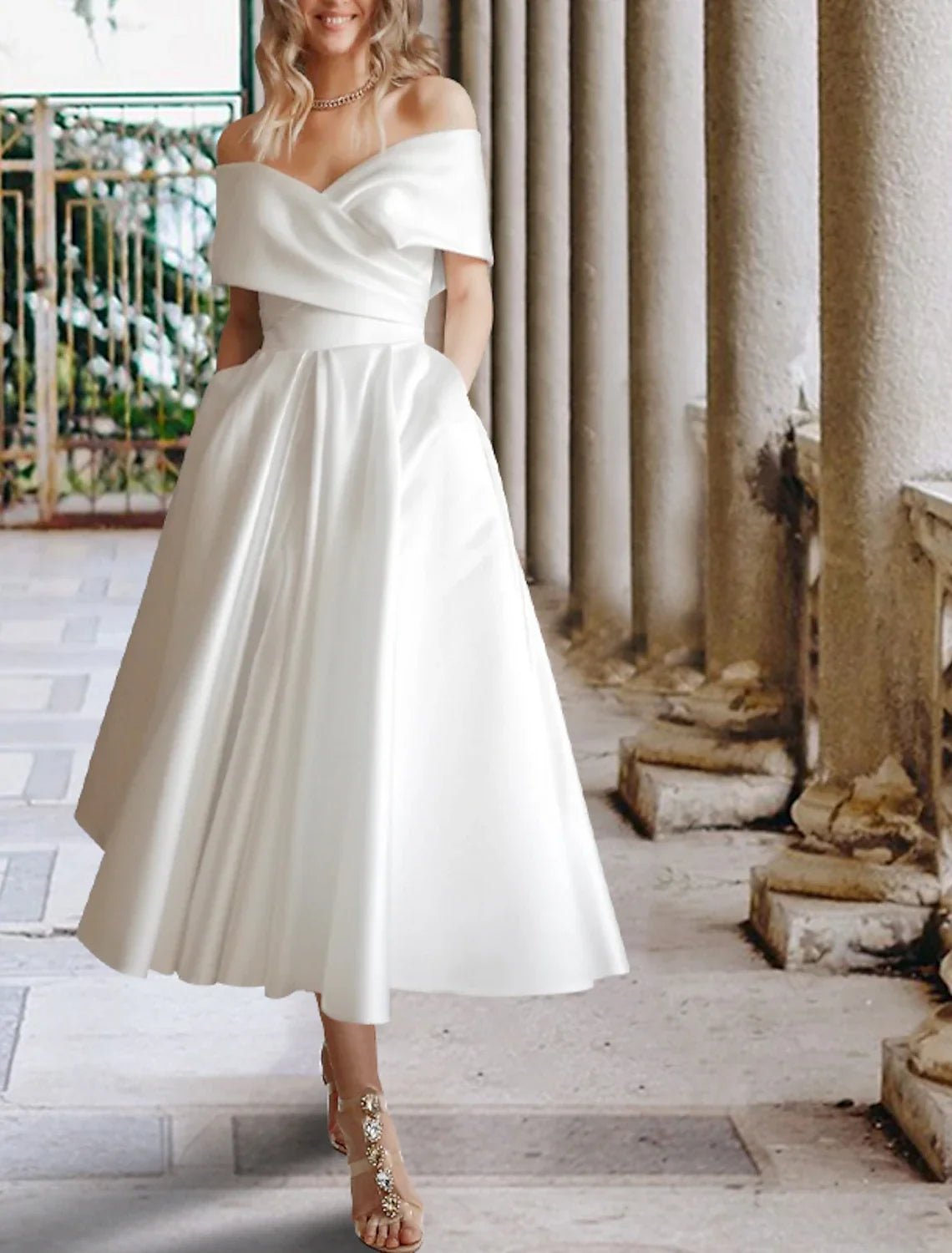 White A-Line Off-Shoulder Satin Cap Sleeve Pleated Tea-Length Wedding Gown - Chloe Dress